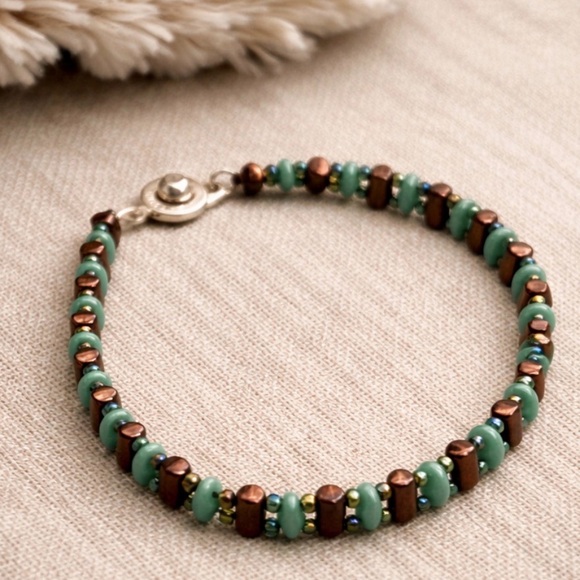 Hand Crafted Jewelry - Artisan Beaded Bracelet | Teal Green Glass & Copper Brown Tones | Boho Handmade